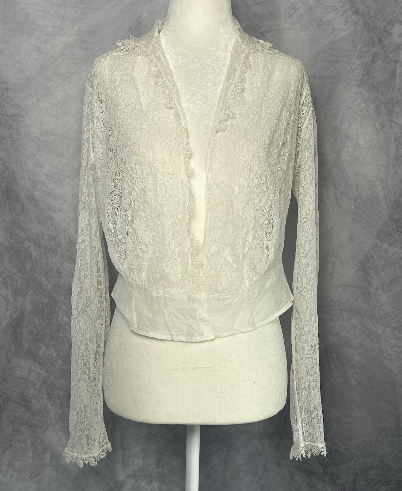 Vintage Antique c.1910 Edwardian White Lace & Crochet Cardigan Blouse Jacket S