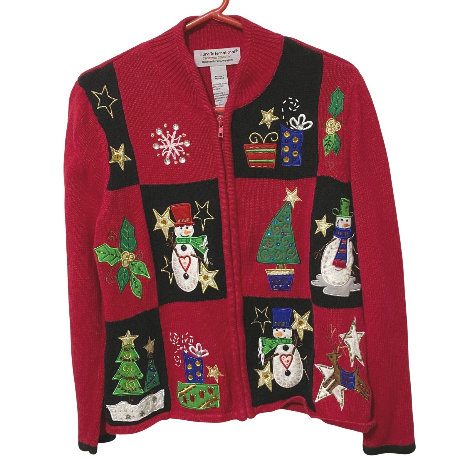 Embroidered Beaded Christmas Sweater Vtg 90s Y2K Zip Up M Red Kitschy Holiday