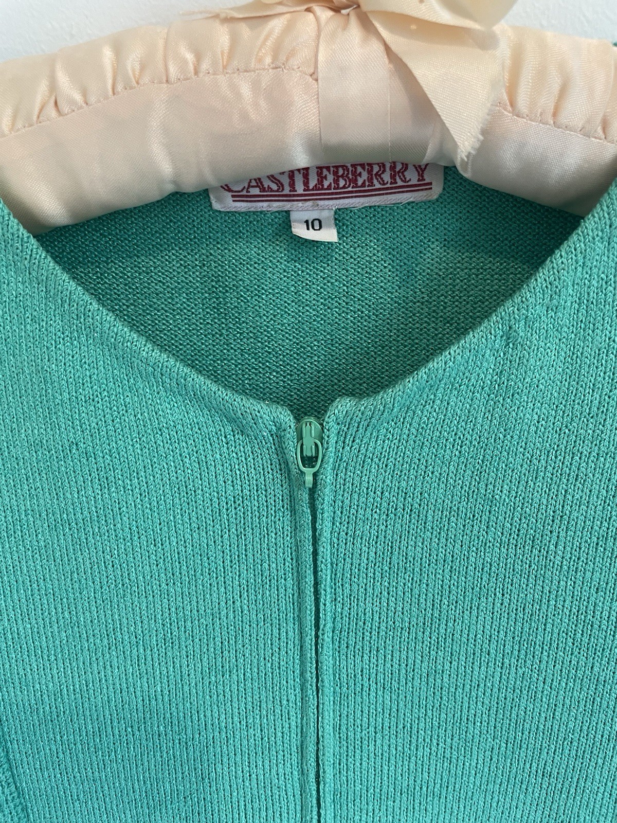 Vintage Knit Castleberry Green Dress 1970s Size 10 1/4 Zip Old Money Long Sleeve