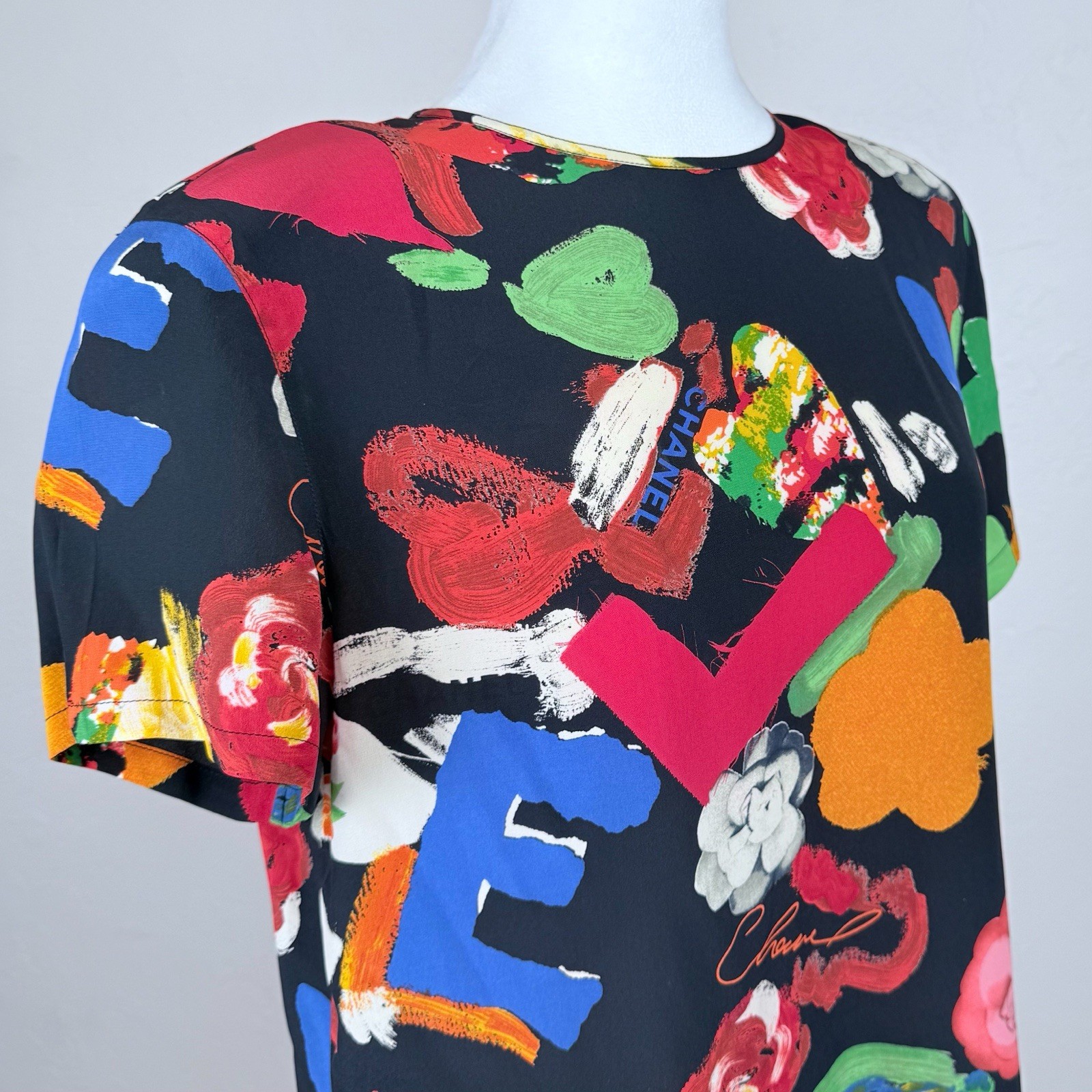 Chanel Vintage Iconic Spring 1992 Multicolor/ Black Silk T-Shirt Size 40 FR 8 US