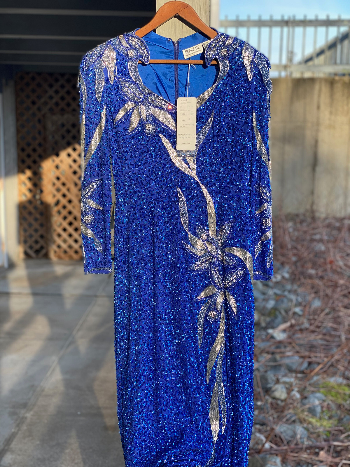 NOS Vintage Oleg Cassini Sapphire Silk Sequin Full Length Dress Size 10 w/ tags