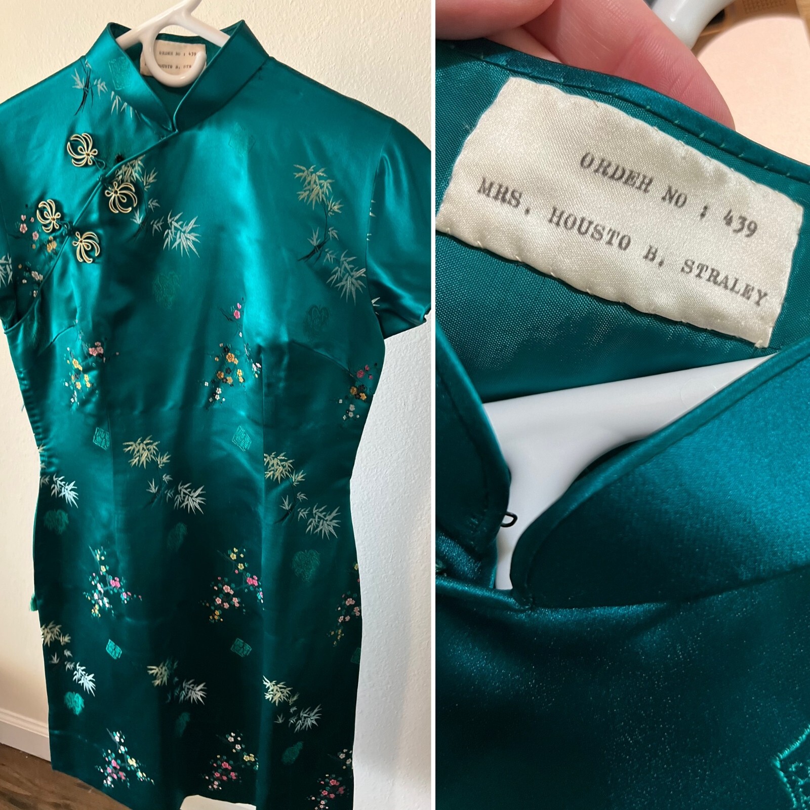 Vintage 1960’s Silk Blue Green Hue 60s Cheongsam Qipao Dress Floral Embroidery