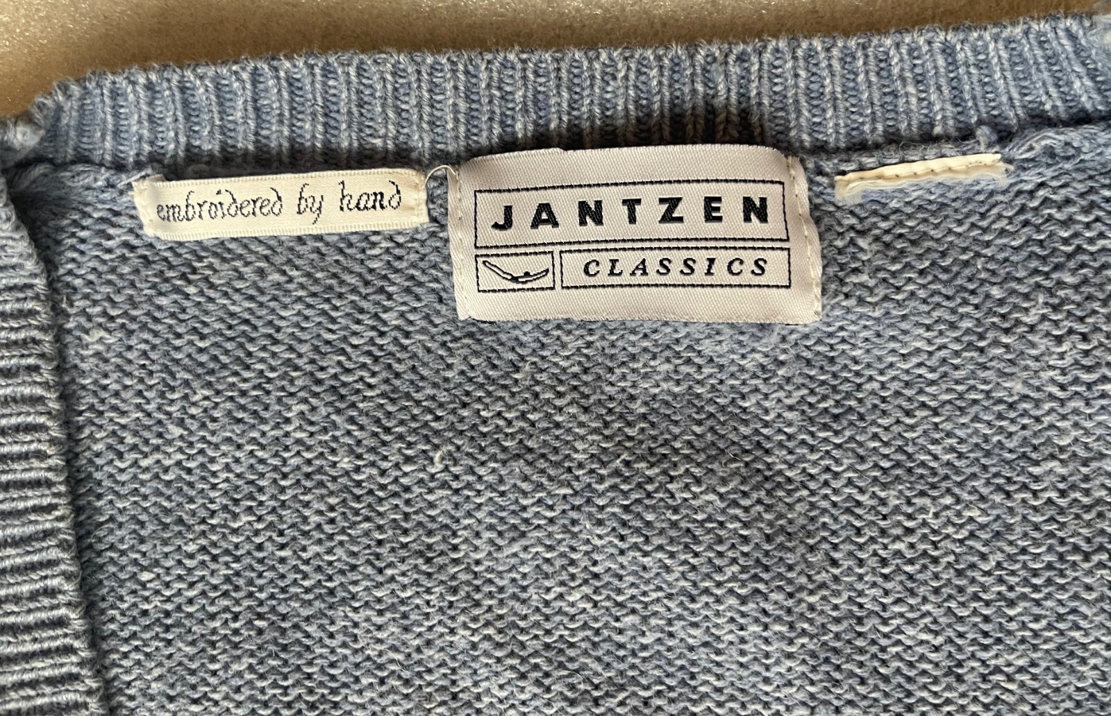 Y2K JANTZEN CLASSICS, RAMIE COTTON KNIT BLUE CARDIGAN HAND STITCHED FLOWERS, EUC