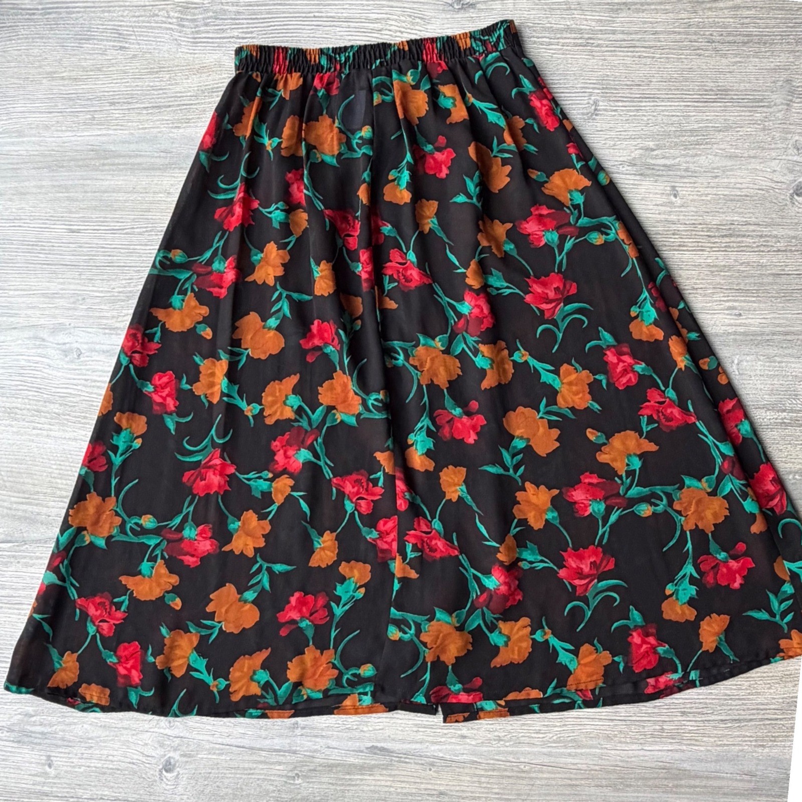 Vintage Studio C Floral Button Front Midi Skirt Black Red Orange Grannycore 12W