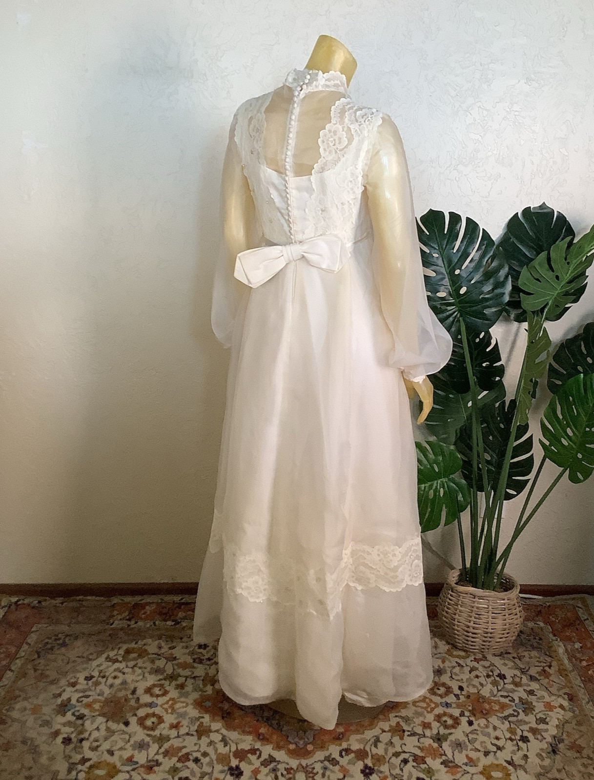 1970s Bridal Originals Regency Inspired Empire Waist Lace Wedding Dress & Train