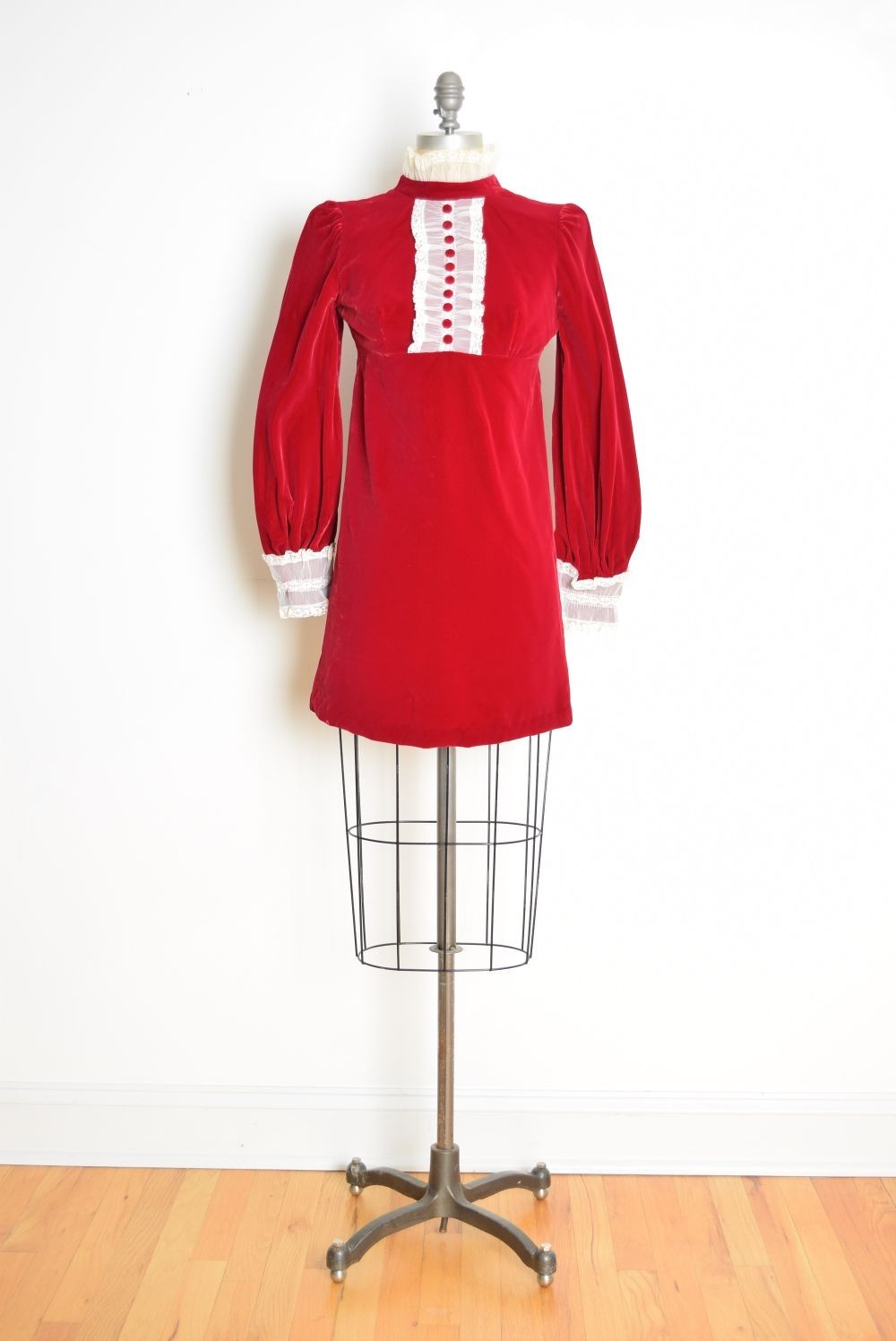 vintage 60s tuxedo dress red velvet puff ruffle babydoll mod twiggy mini XS