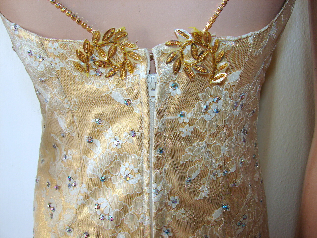 1980s GOLD LONG DRESS w/Lace and Rhinestones; Fancy Trim d1-2