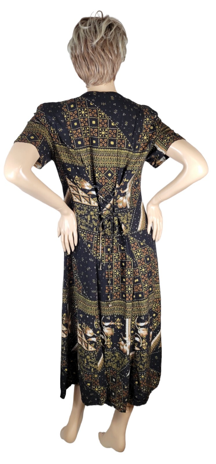 Vintage 90s Betsy Lauren Black Floral Tribal Cottagecore Grunge Maxi Dress 14