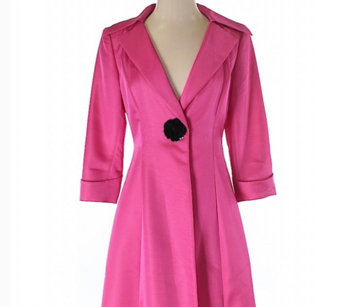 Kay Unger Vintage 4 Hot Pink Duster Coat Flower Closure 3/4 Sleeve Perfect Cond