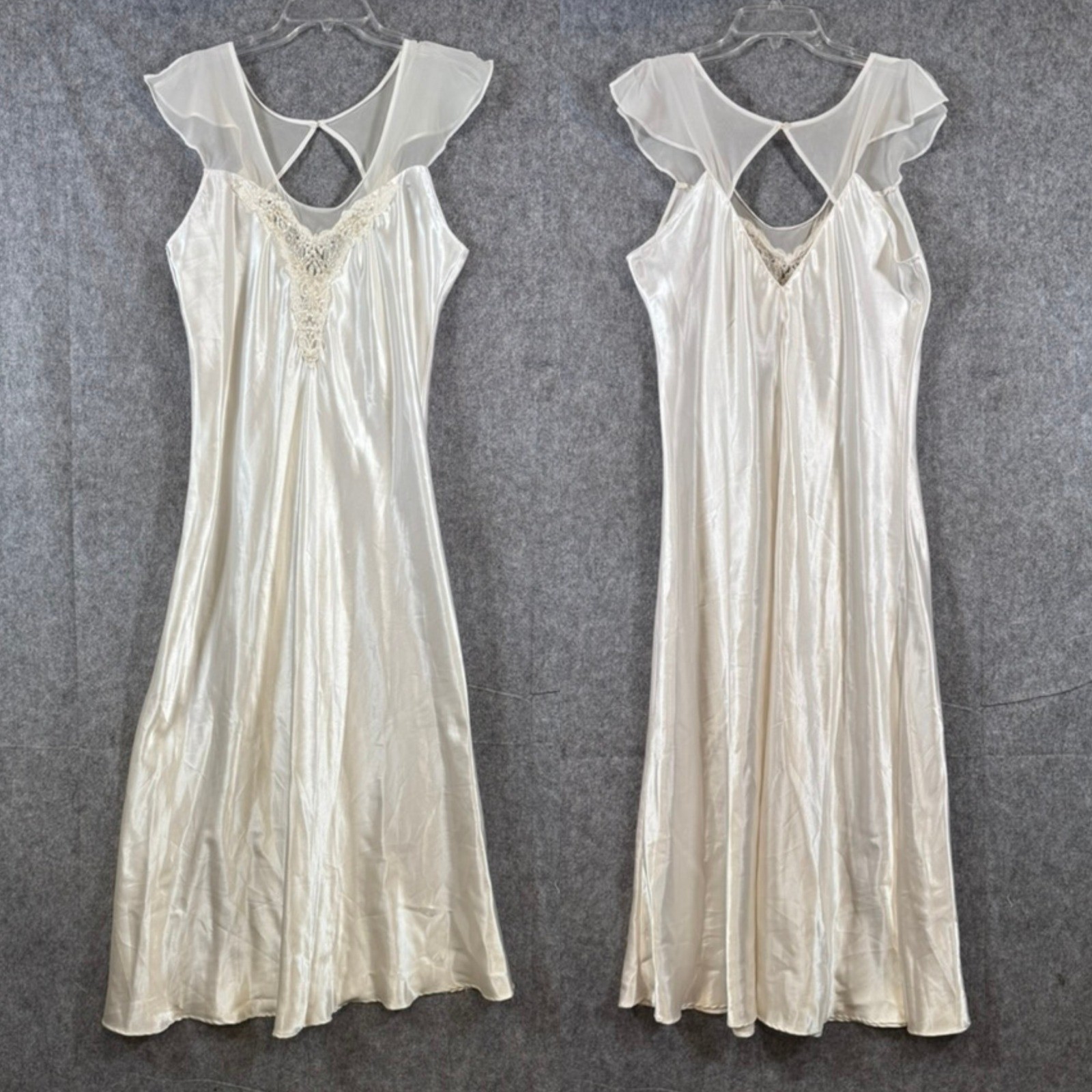 Vtg Bridal Maxi Nightgown Womens L Lingerie Satin Lace Ivory Coquette Romantic