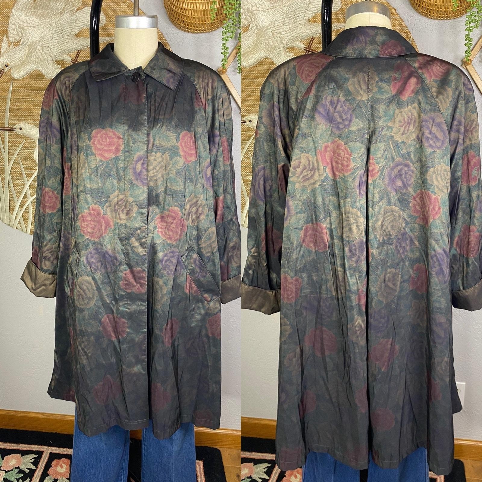 Vintage Iridescent Floral Trench Coat, Cottagecore Windbreaker, Size 10