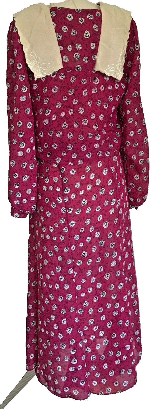 Vintage Sally Lou Cottage Core Dress, Sailor Collar Magenta Chiffon Midi