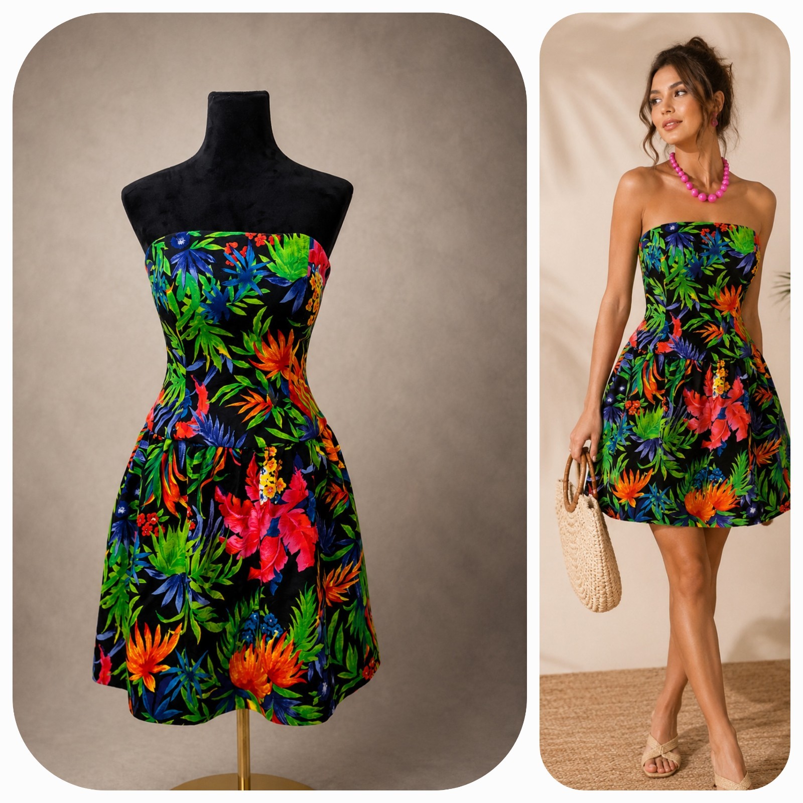 Vintage A.J. Bari Strapless Tropical Floral Hawaiian Summer Resort Cruise Dress
