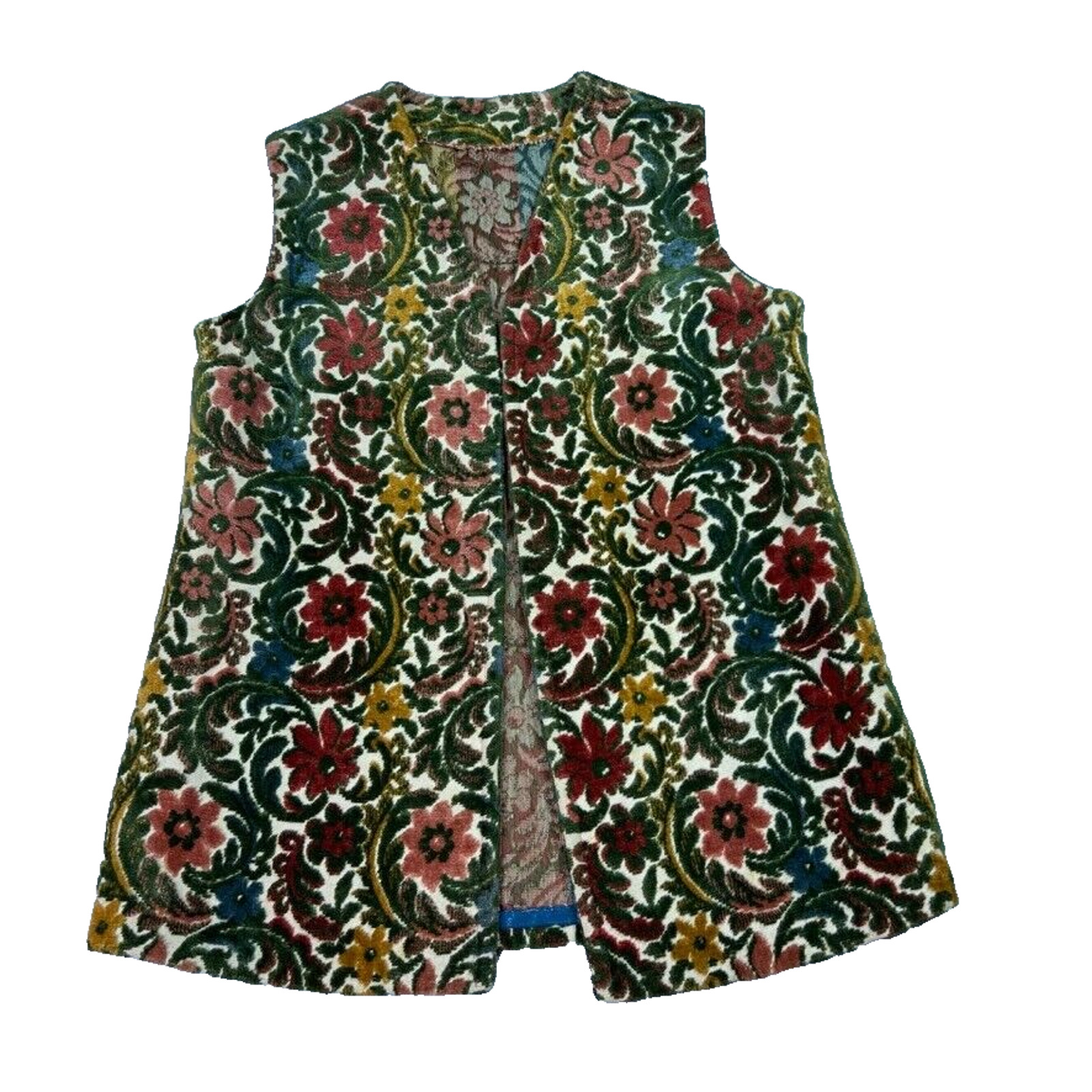 Vintage Vest Waistcoat Womens M/L Green Floral Pattern Tapestry Carpet Cotton