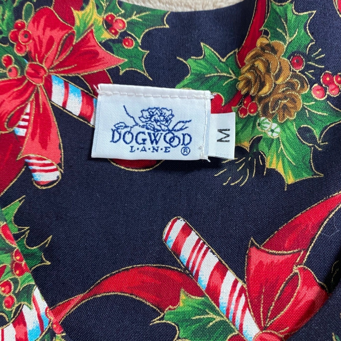 Vintage Dogwood Lane Christmas Dress Womens Medium Navy Blue Novelty Button Midi