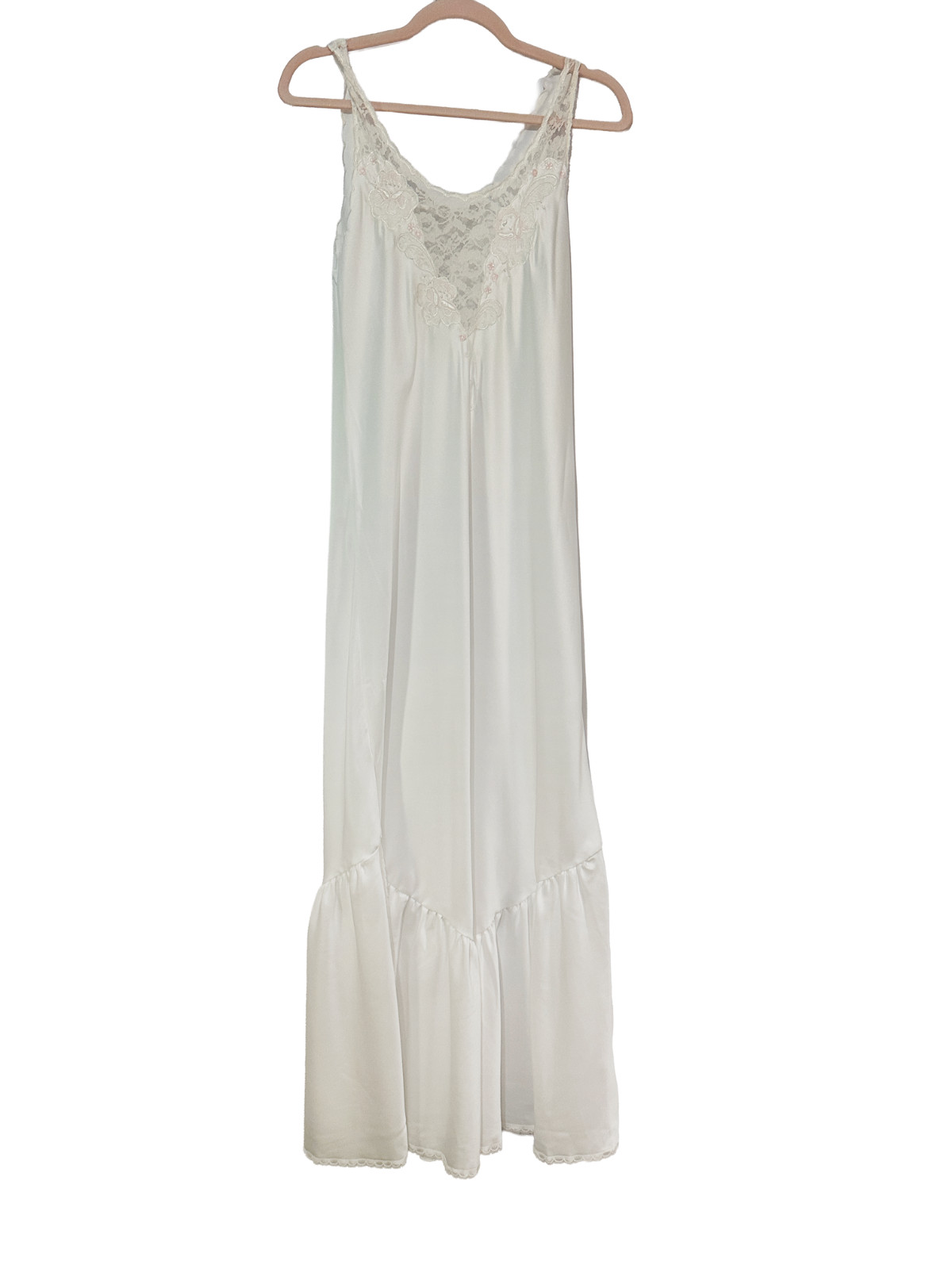Vintage 1980s Sara Beth White Satin & Lace Nightgown Maxi Slip Dress Small