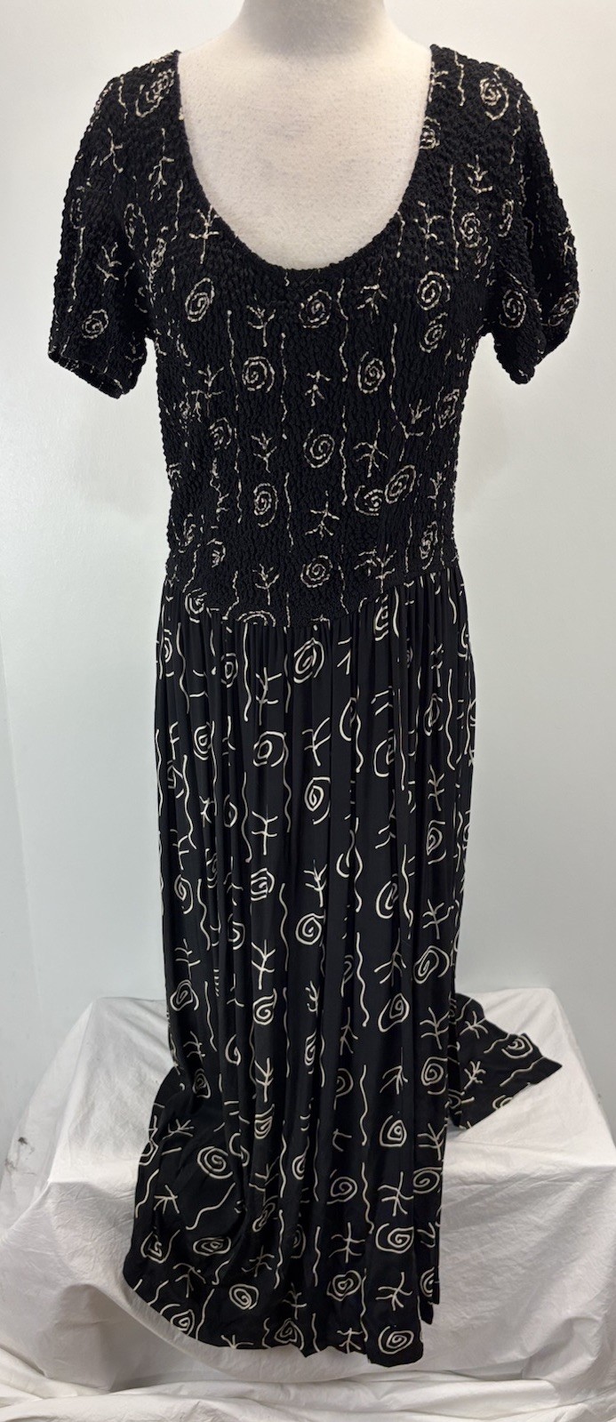 Vtg Pipe Dreams Maxi Dress Women’s L Black Smocked 90s Palm Springs USA