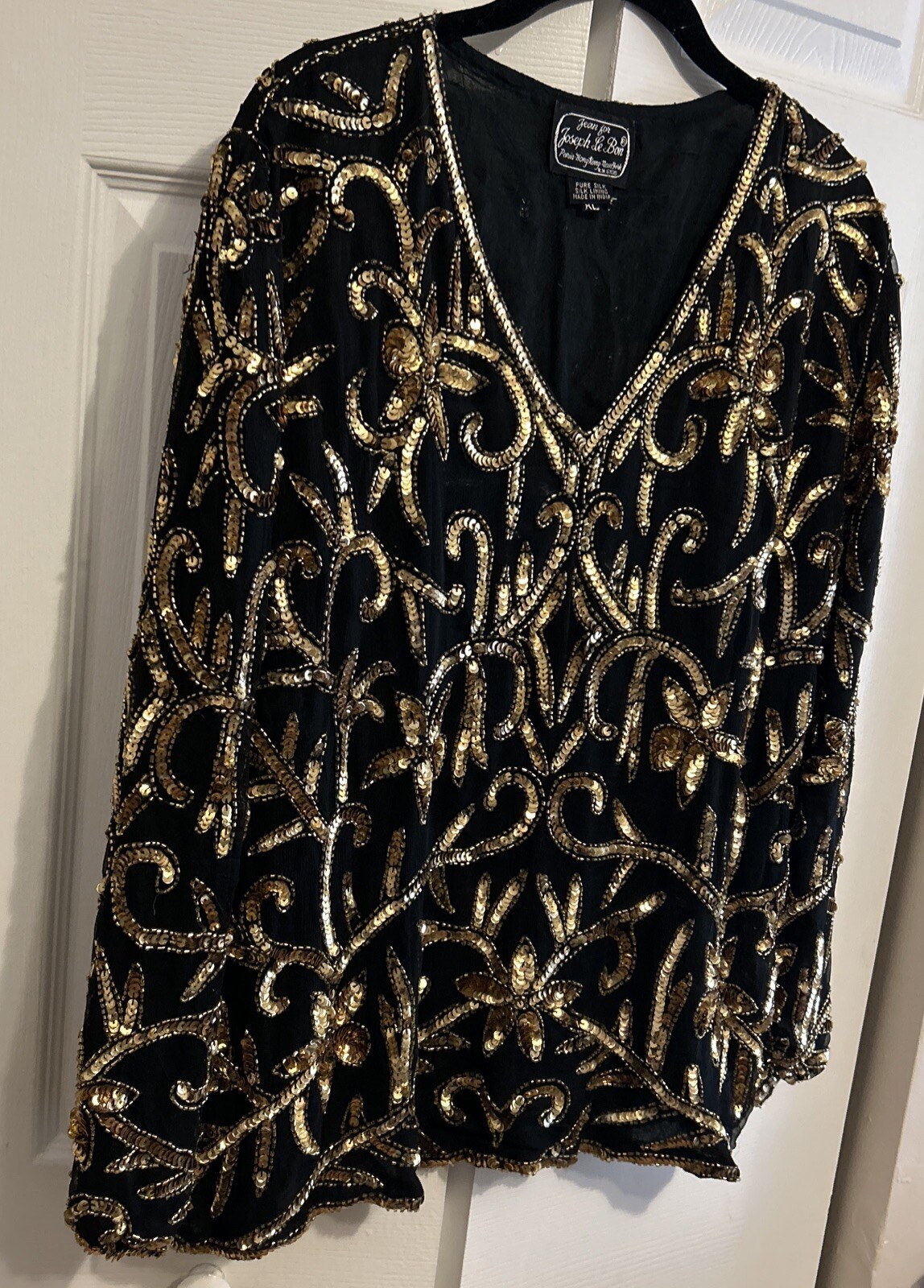 Vintage 1970s Jean For Joseph Le Bon Black/Gold Sequence Top Size XL