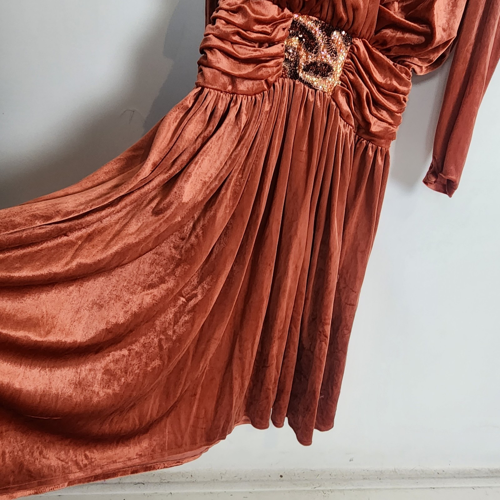 Vintage 80s Rust Velvet Dress 10 Beaded Disco Studio 54 Draped Rare John Charles
