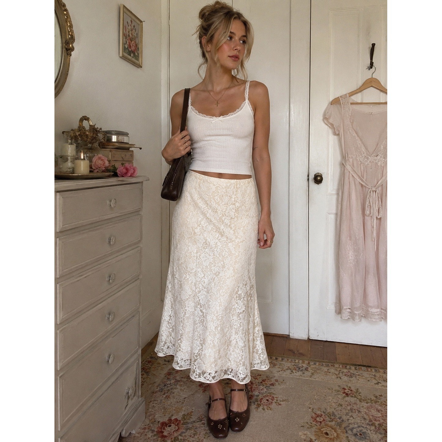 Vinrage 90s Scott McClintock Cottage Cream Floral Lace Mermaid Maxi Skirt- 8
