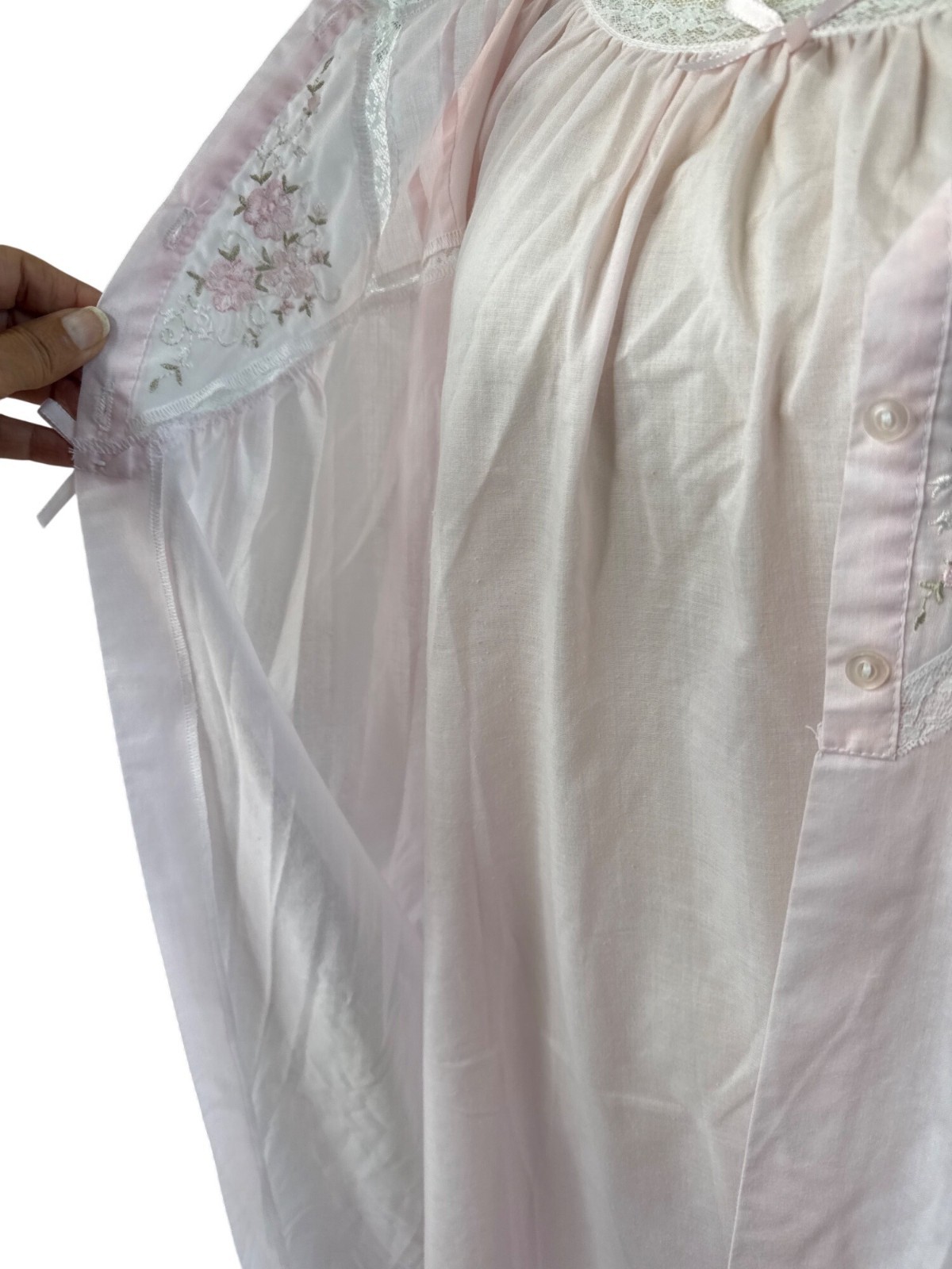 Vintage Cachet Cotton Pink Lace Embroidered Nightgown/Robe Set L 16-18