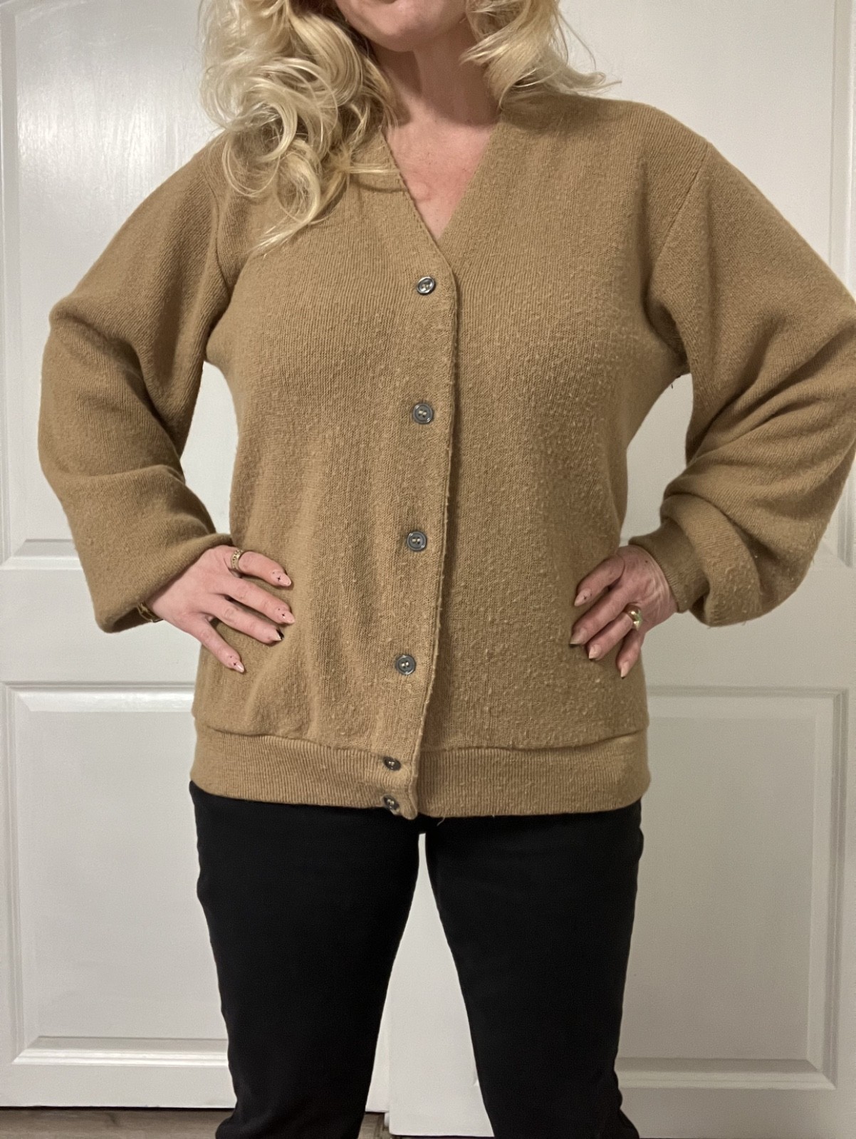 ILGWU Cardigan Wool Blend Sweater Camel Grandpa Style USA Made