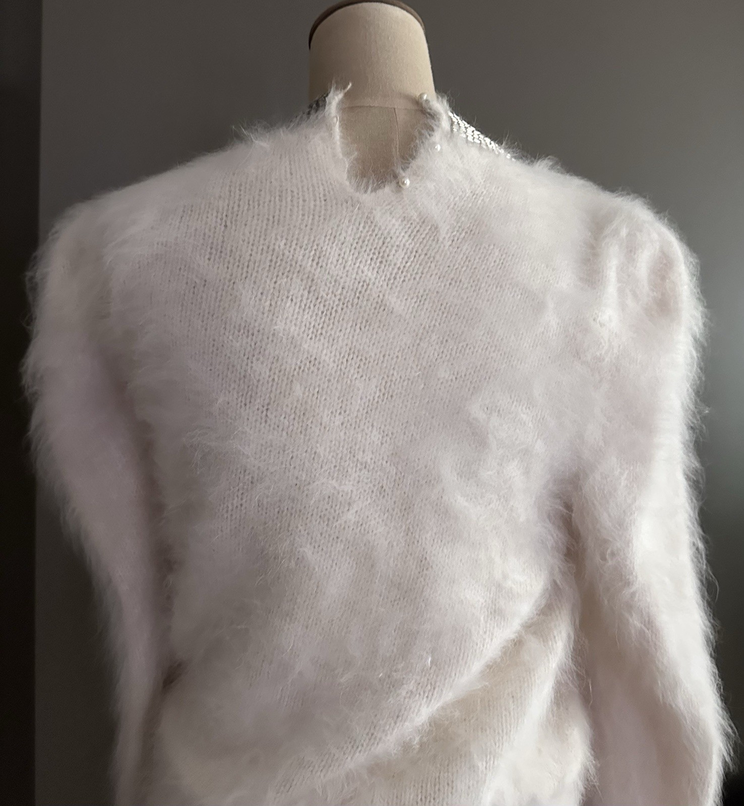 GUCCI VINTAGE 80s White Knit, Sequin Beaded Collar, Angora Sweater SZ S