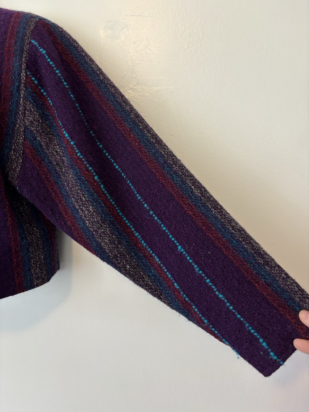 Vintage Fenn Wright Manson Wool Blend Open Jacket Purple Red Blue Cropped