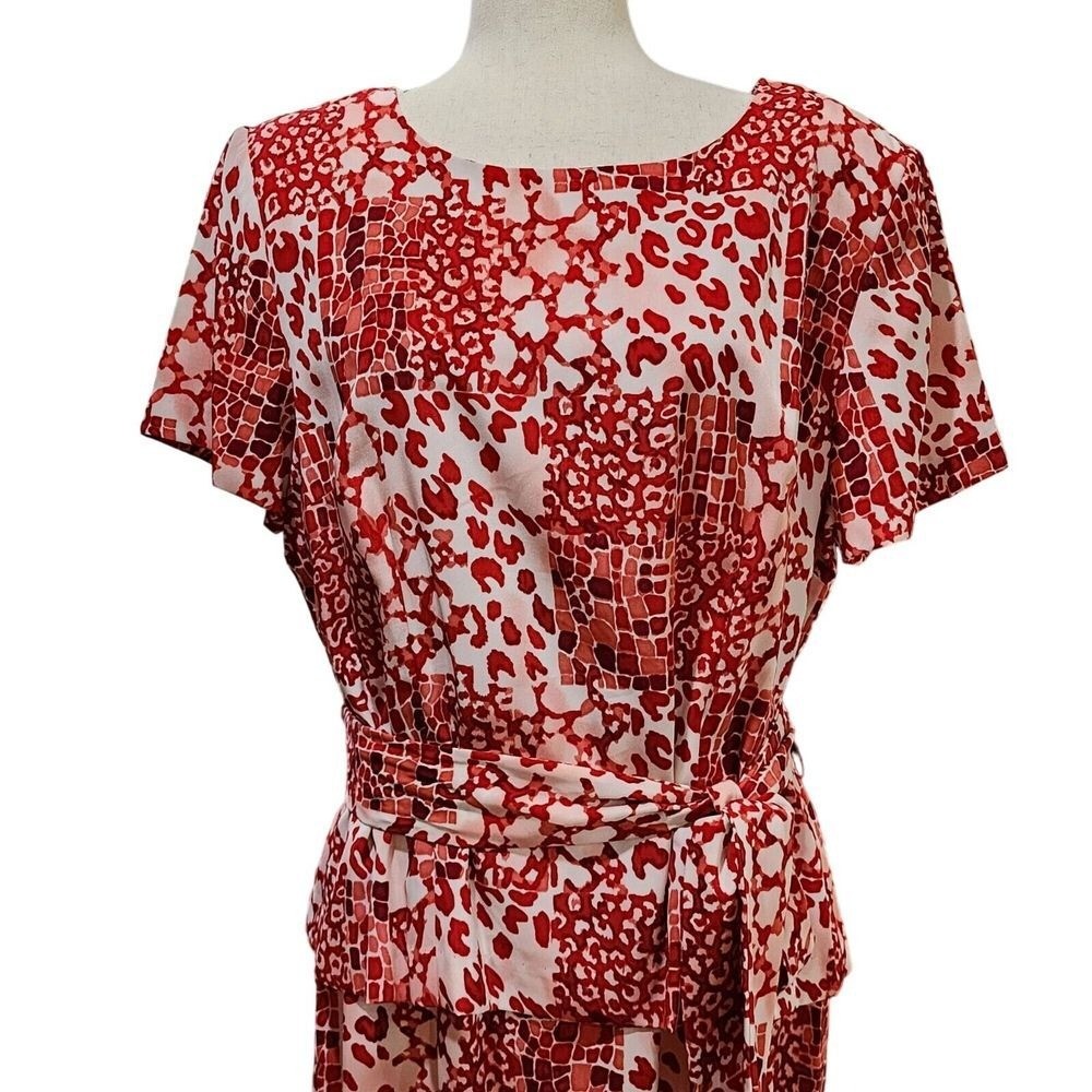 Vintage 90s Sag Harbor Missy Red Printed Midi Belted Dress Size 16