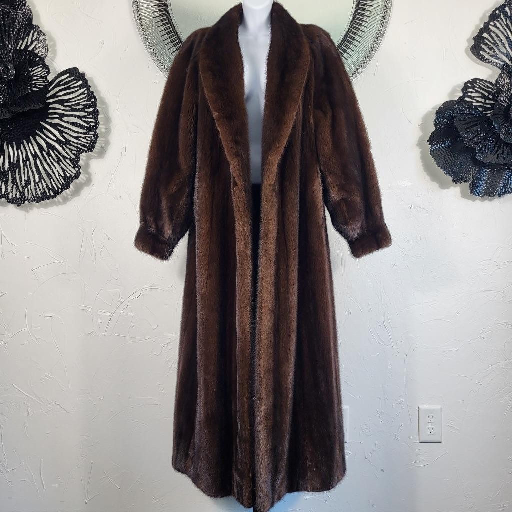 VINTAGE~XL/1X~MAHOGANY BROWN RANCH GENUINE REAL FULL LENGTH MINK FUR COAT