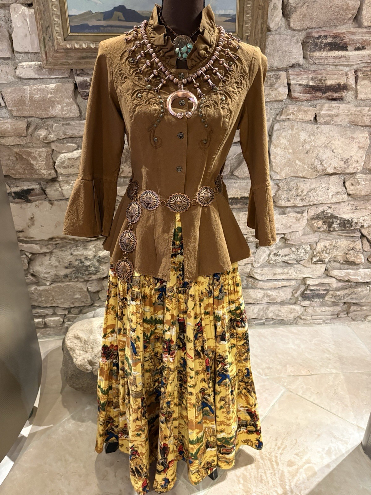 Vintage Sharon Young Sportswear Yellow Western Print Broomstick Skirt Size S/M