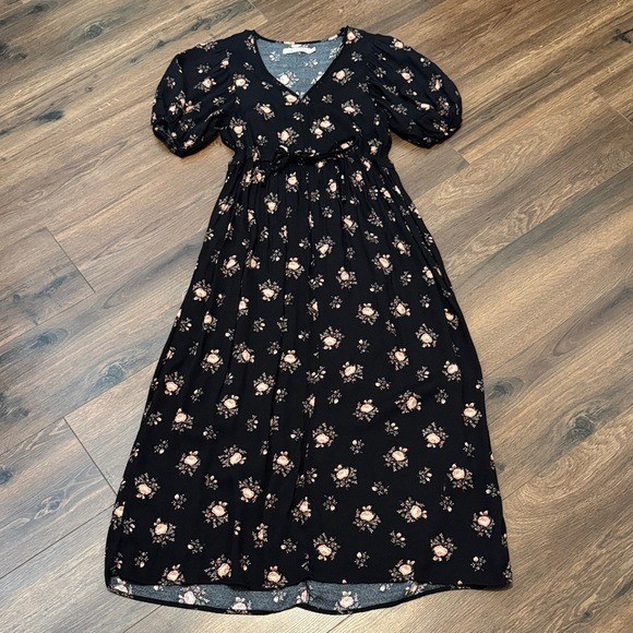 Christy Dawn Black Floral Puff Sleeve Midi Dress Deadstock XS Cottagecore Rose