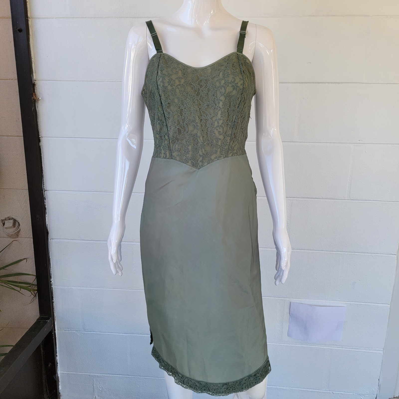 Vintage 80’s Lace Bodice Satin Slip Dress Sage Green Women’s 6 Fairycore