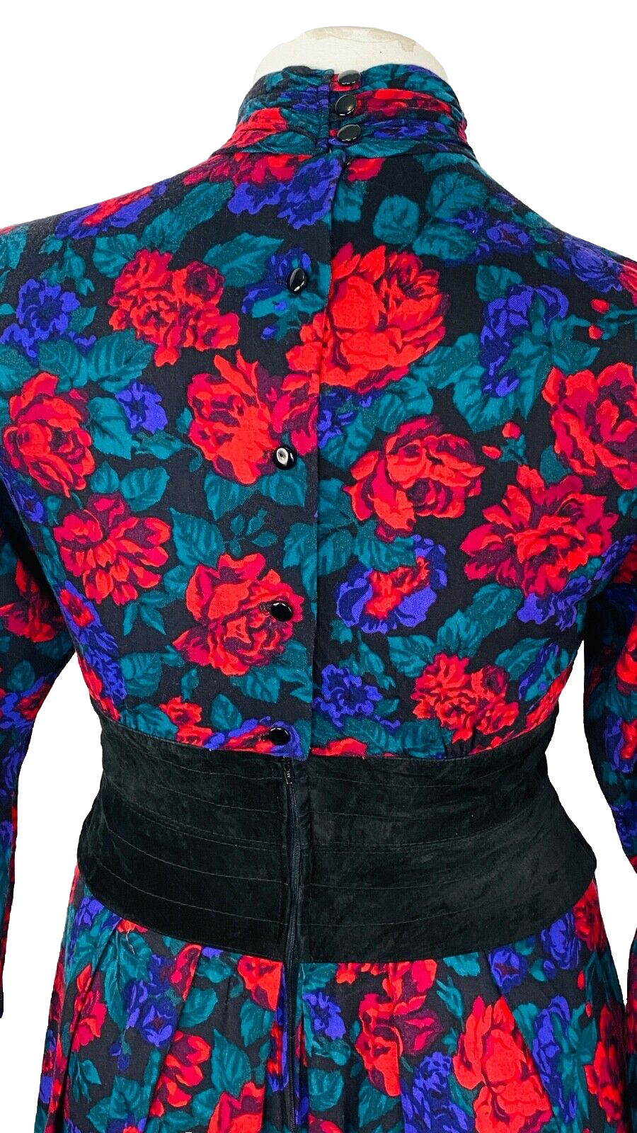 Vintage 1980s red purple floral midi dress, rayon suede waistband Victorian L XL