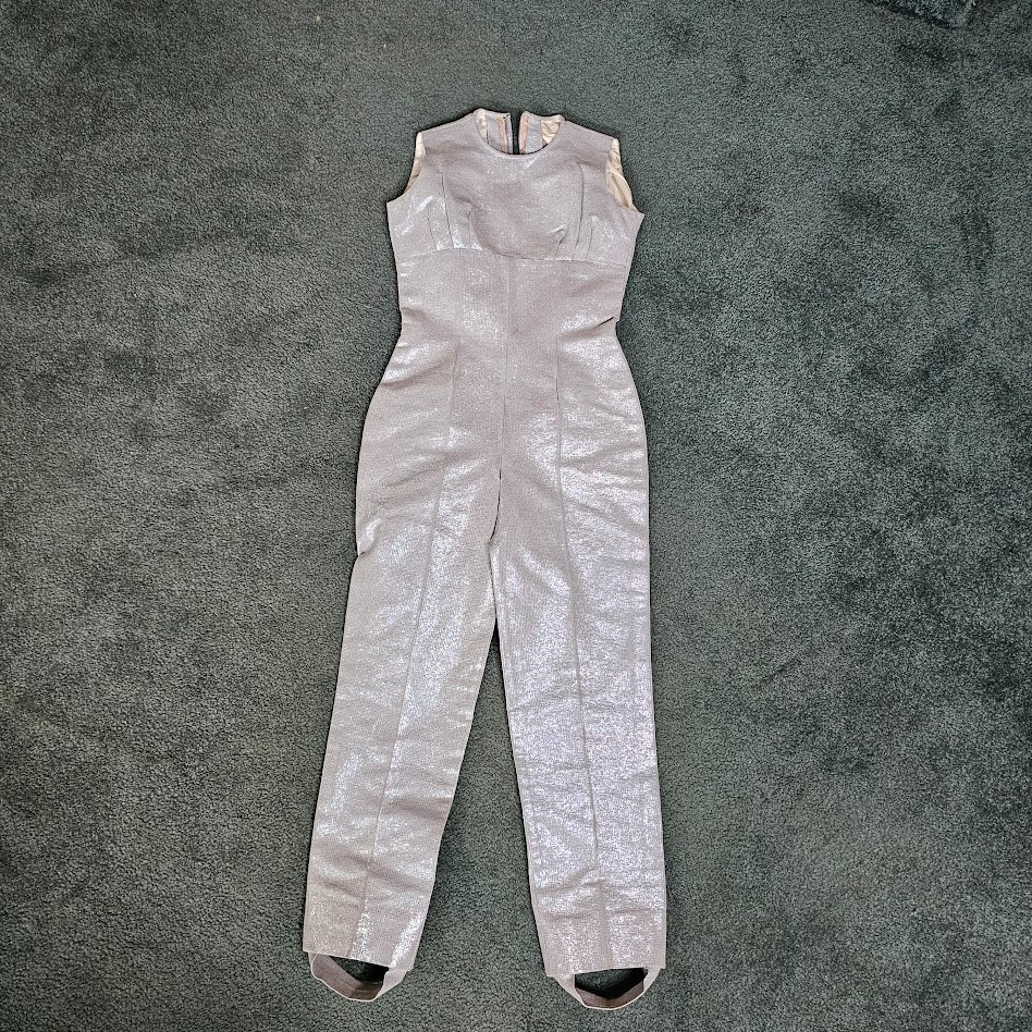 Vtg 50s Space Age Pin-Up Atomic Bombshell Metallic Silver Jumpsuit Catsuit XXS