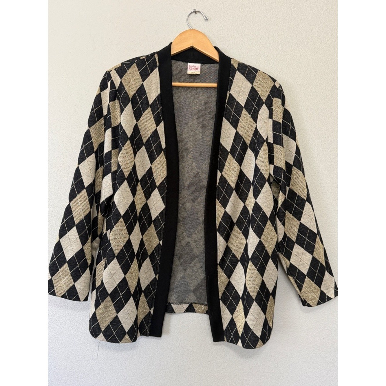VTG Lady Graff Argyle Open-Front Cardigan Black Gold Size 36 1980’s