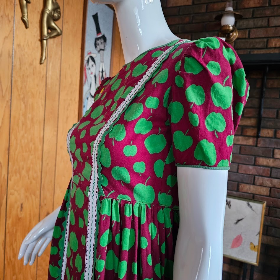 Vtg 70s Miss Centennial Belle Kansas Parade Novelty Apple Print Maxi Dress XS/S