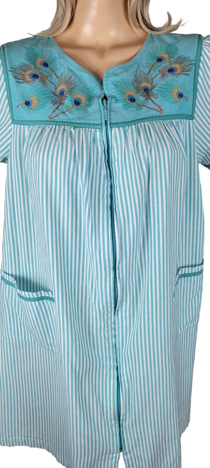 Vintage Go Softly Patio House Dress Stripes & Peacock Feathers Full Zip Boho XL