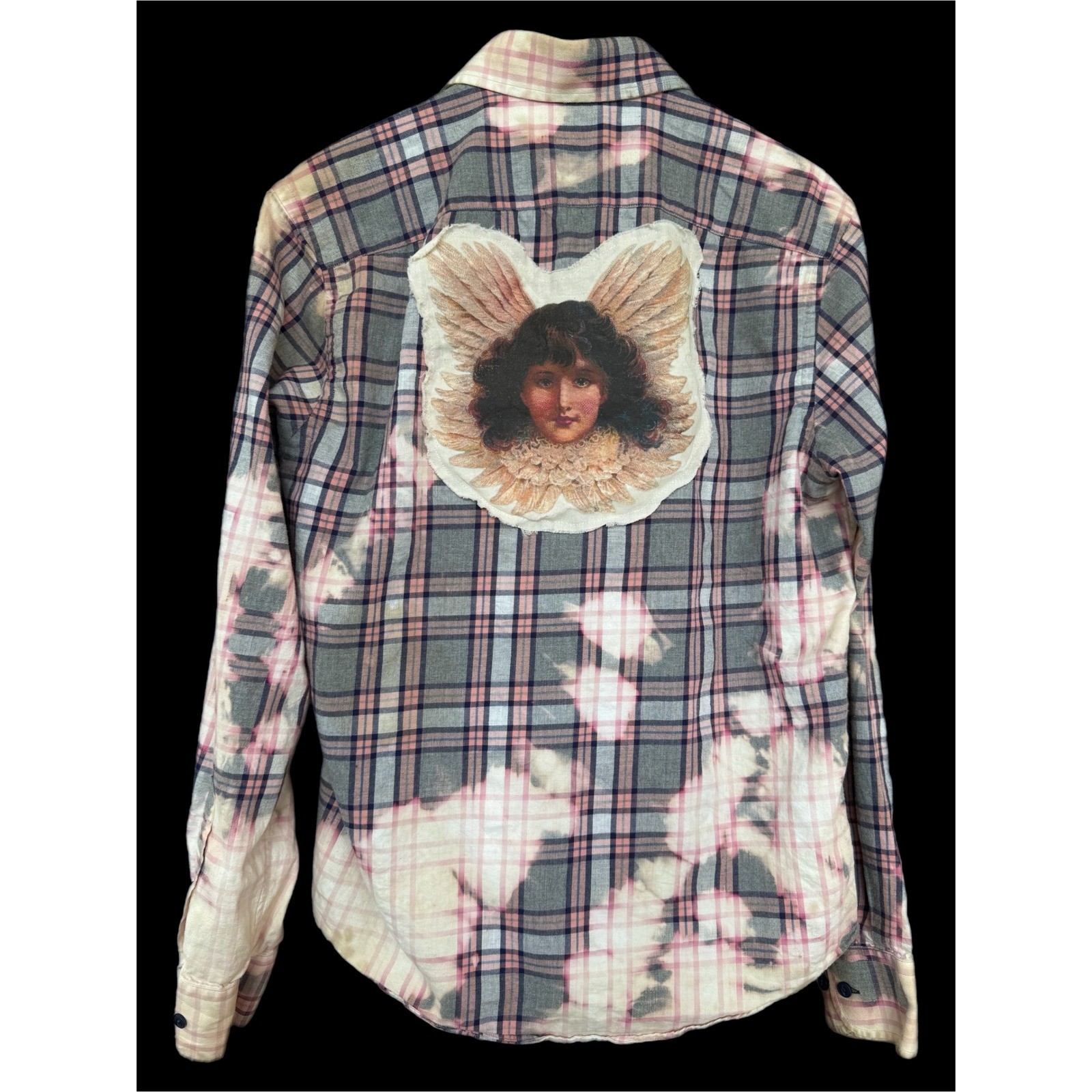 Upcycled Angel Flannel Bleach Dye Folk Art Shirt Cottagecore Boho Med. Slim fit