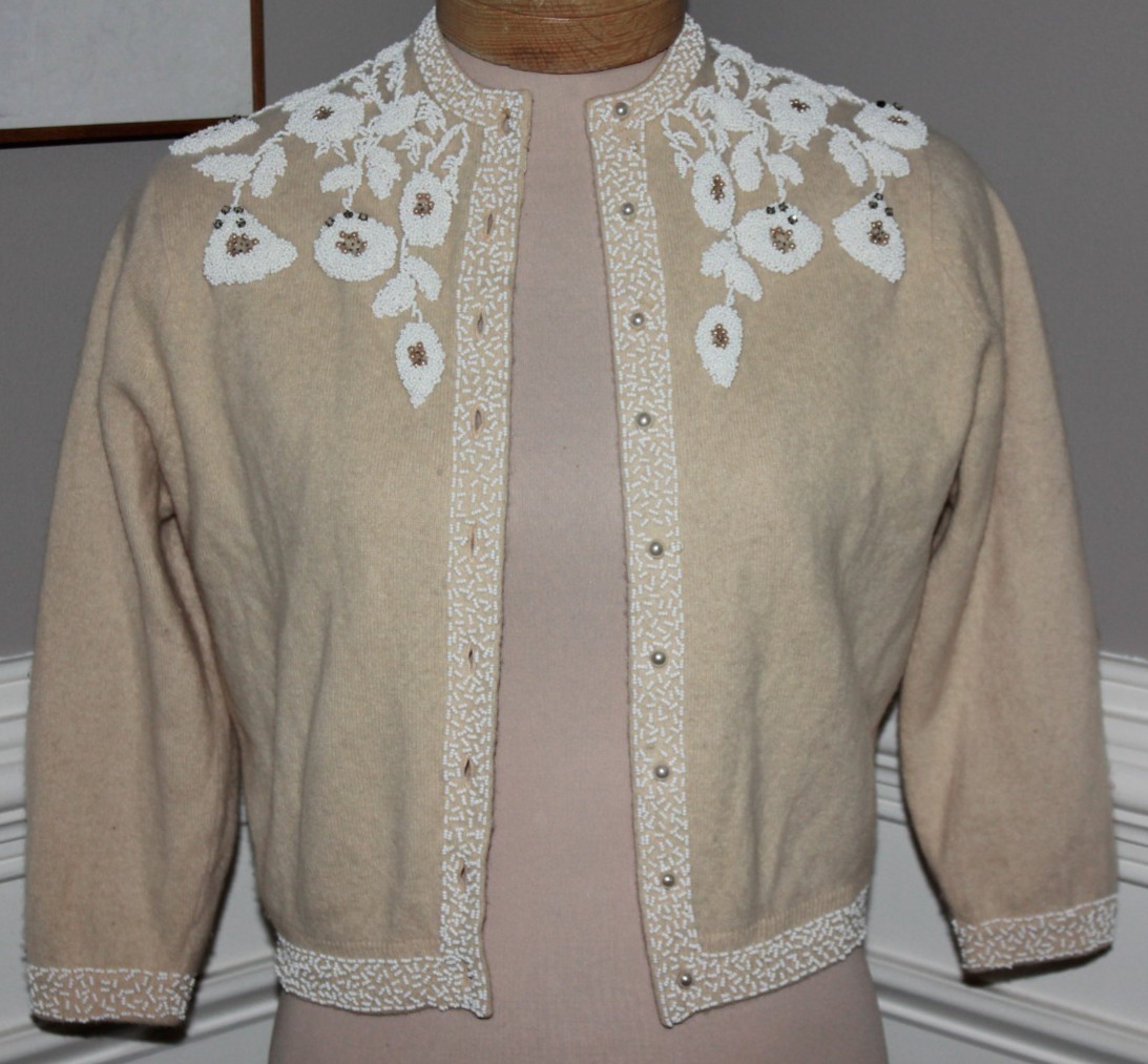 McMullen Angora wool Rabbit Hair beaded vintage Hong Kong cardigan XS rockabilly