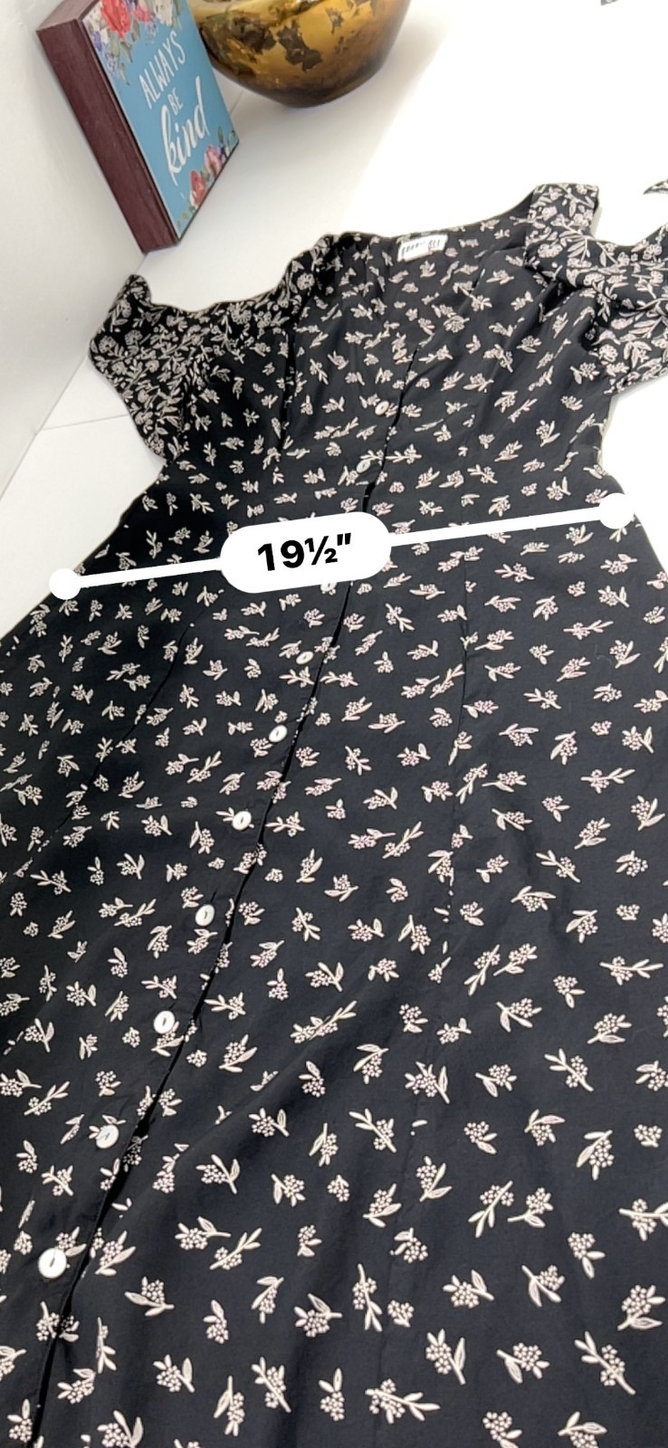 Vintage Robbie Bee Dress 10 Black Floral Rayon Button Front Tie Midi 90s Grunge