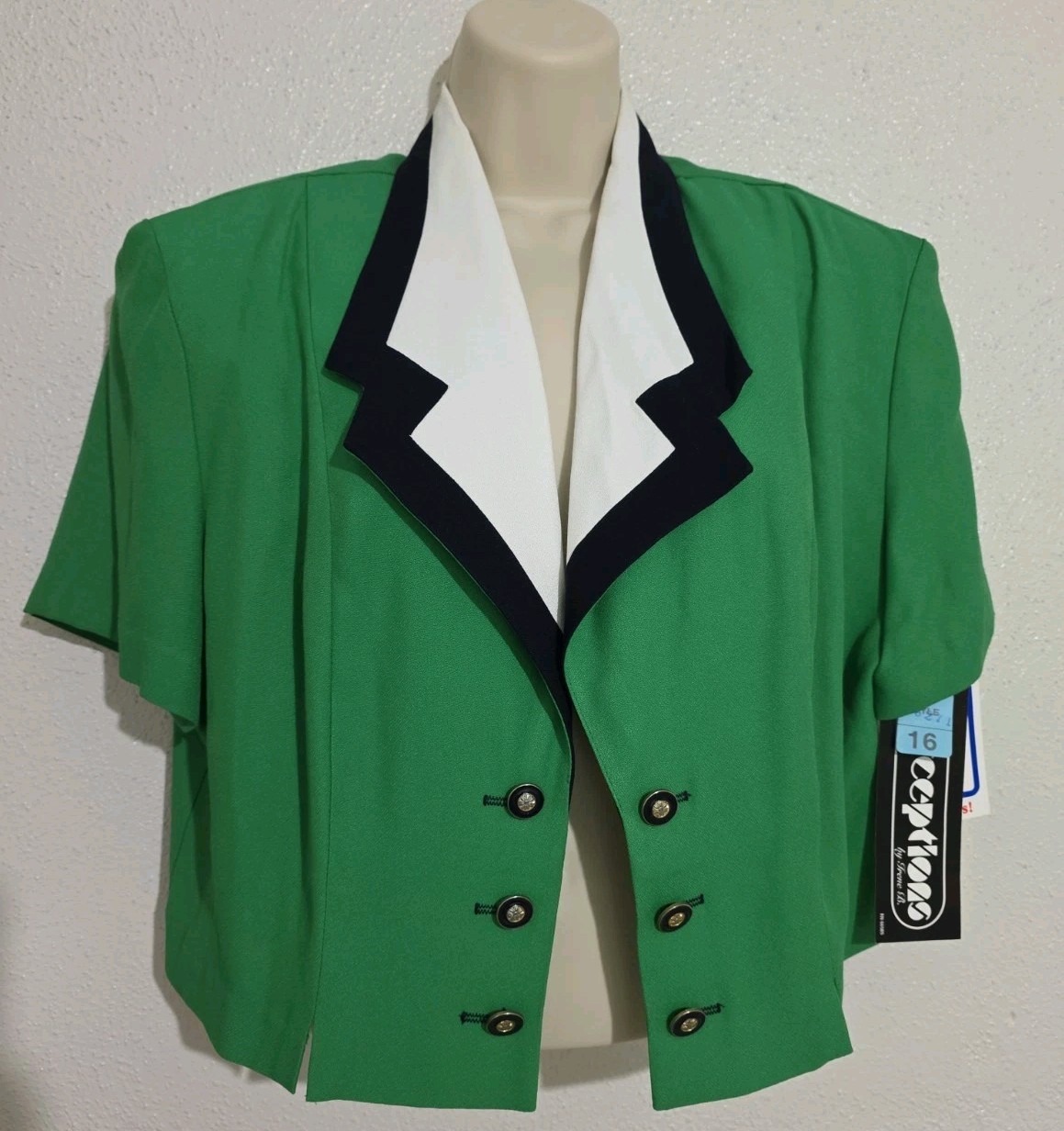 Open Blazer Jacket Crop Short Sleeve Green/ Navy Perceptions Vintage Size 16
