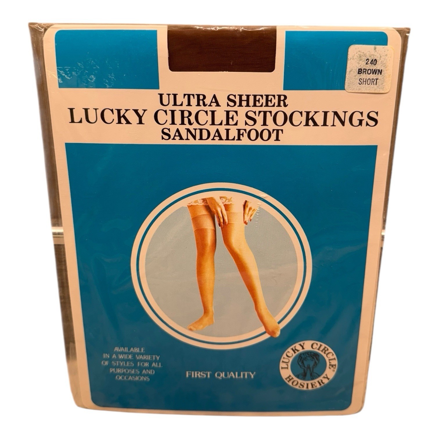 Vintage Lucky Circle Stockings First Quality 100% Nylon Stretch Brown Short