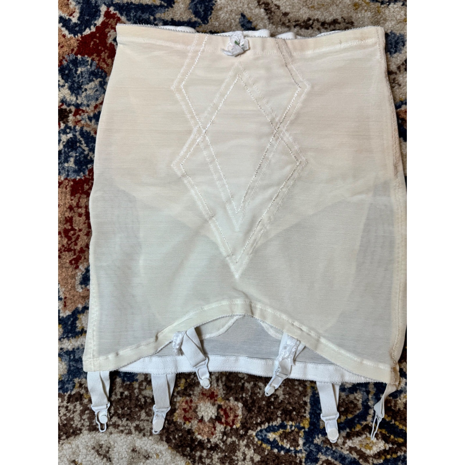 Vintage High Waisted Girdle Set Cream Diamond Stitch Garter Clips Large 29/30