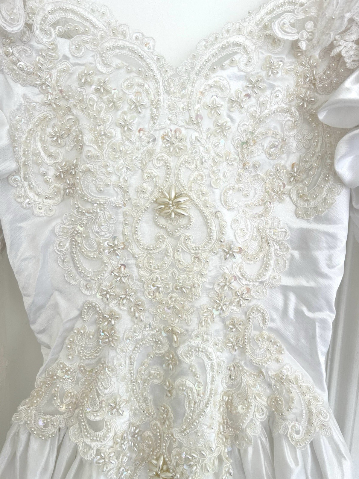 Vintage 1980s White Satin Beaded Wedding Gown & Floral Veil Crown Set Size s