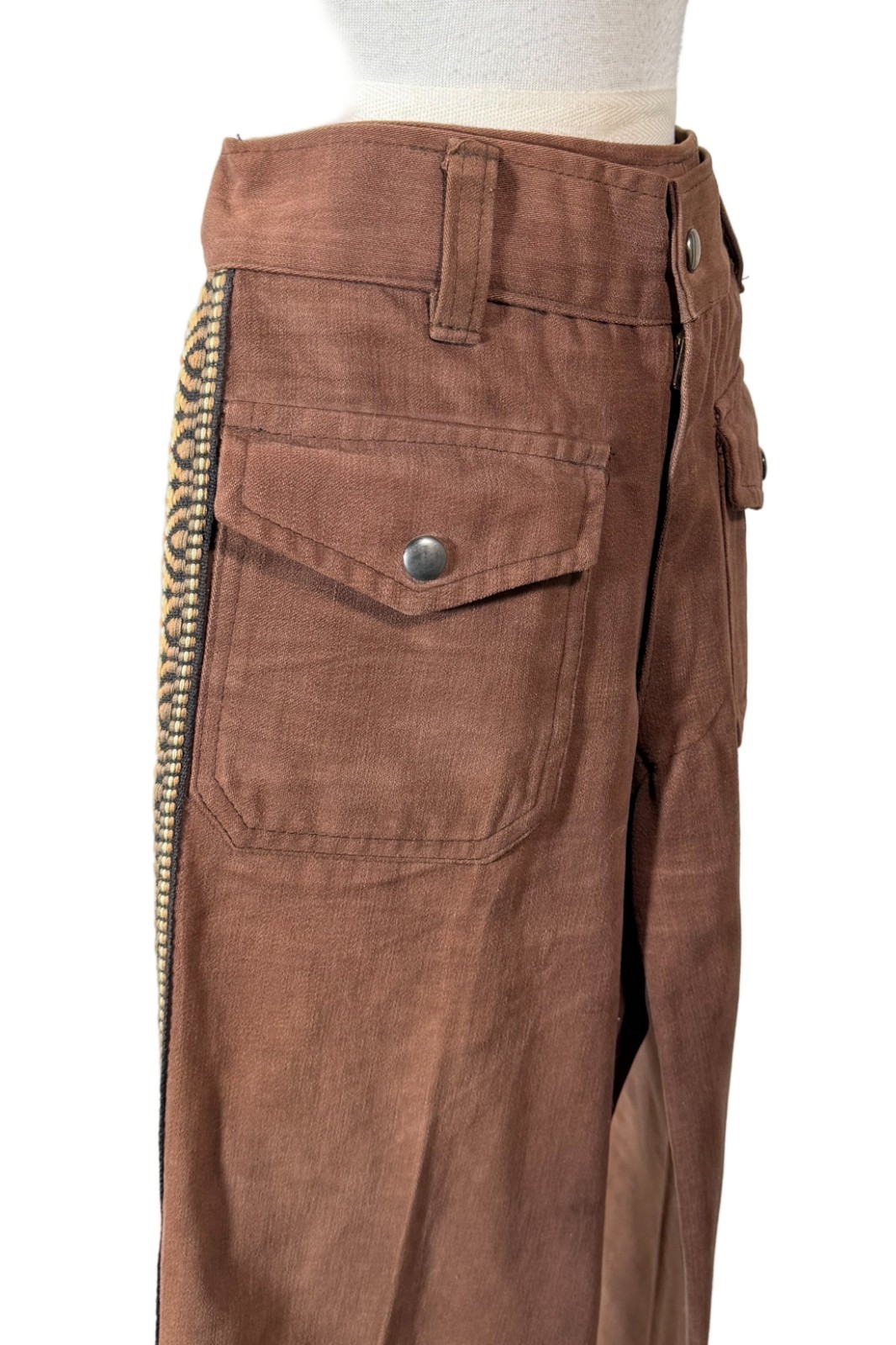 VTG Brown Bell Bottom Jeans, Tapestry Banding, 70s/80s Hippie Pants 29″ Waist