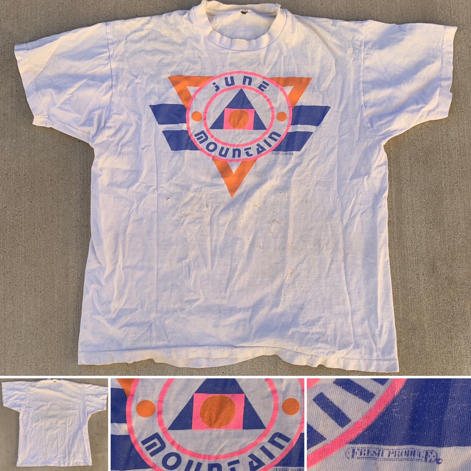 Vintage June Mountain T Shirt 80s Geomeric Neon Graphics Distressed Worn Holes