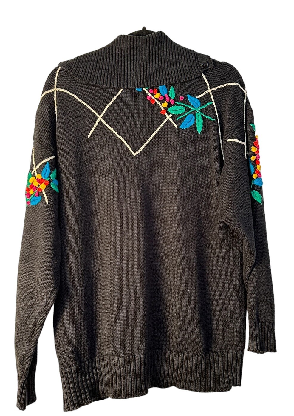 Vintage IB Diffusion Womans Black Cotton Sweater Colorful Multi Color Floral Med