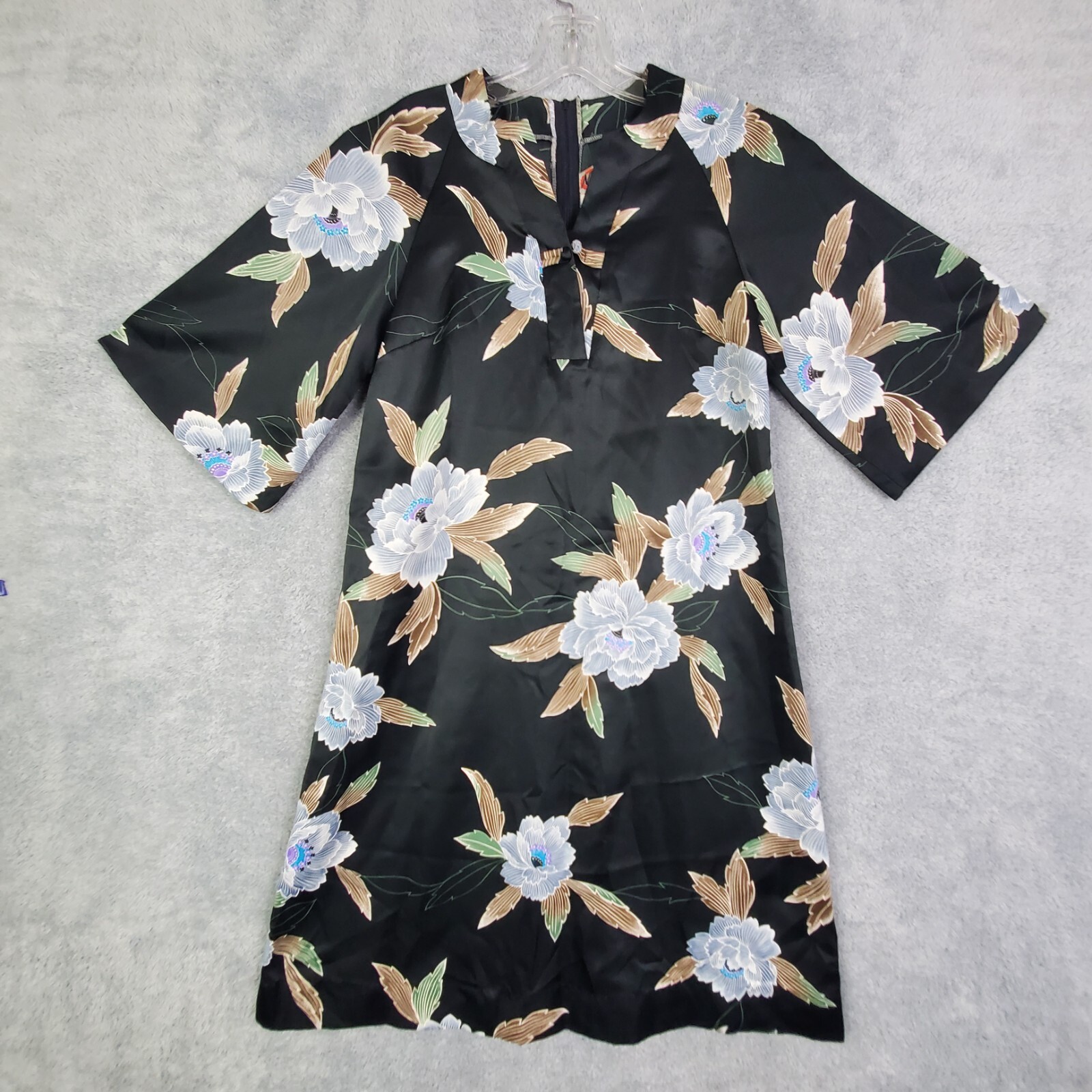 Vtg 60s Nani of Hawaii Dress Sz S M Kimono Shift Floral Vneck Frog Button Satin