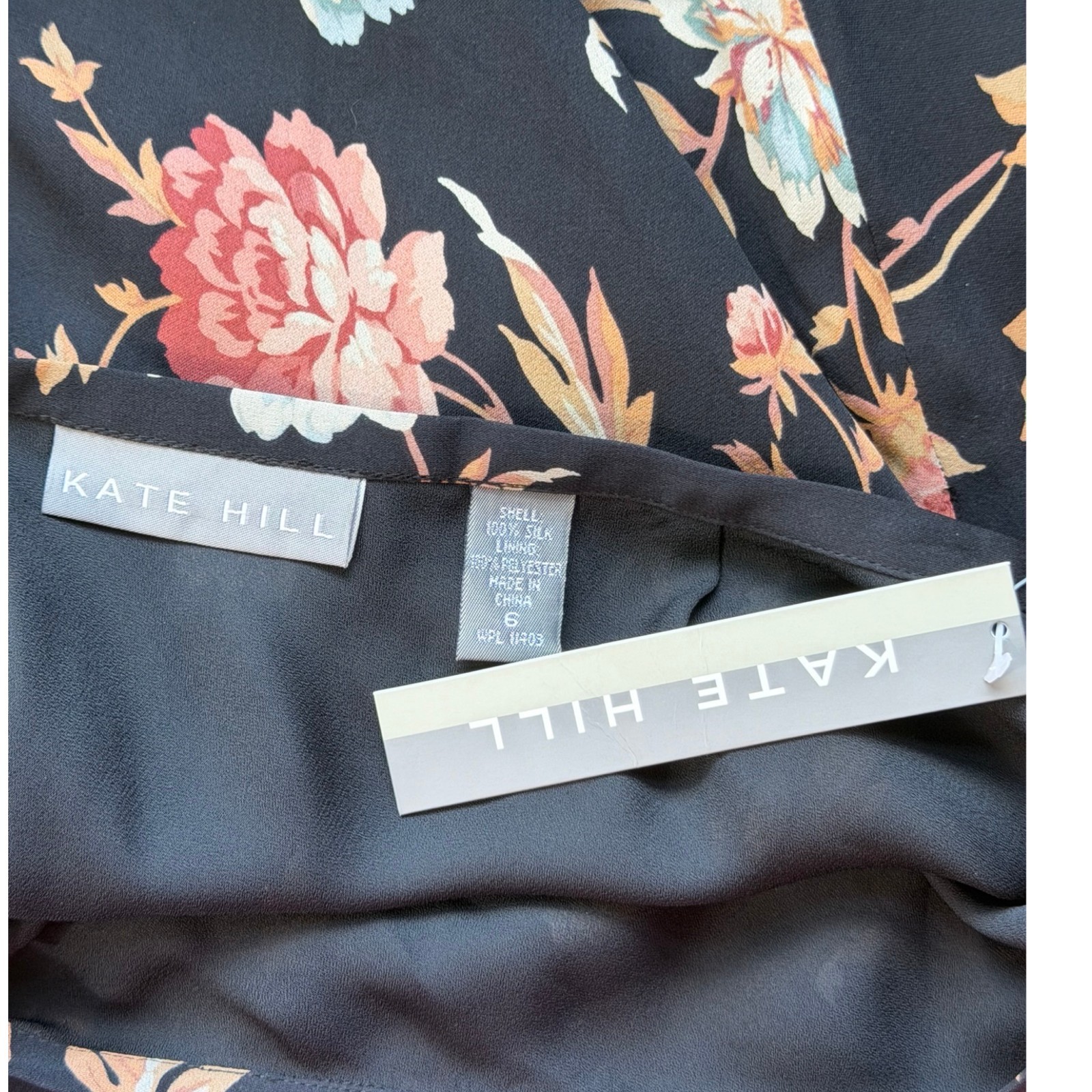Vintage Black Floral Print Bias Cut Silk Skirt Size Small 6 29″ Waist Y2K Midi